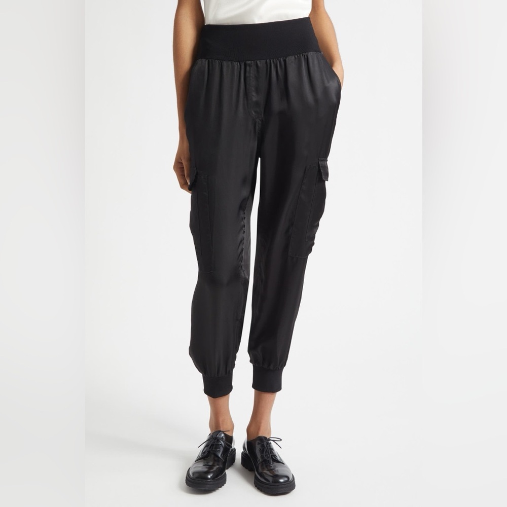 Cinq a Sept Giles Cupro Crop Cargo Joggers Black Satin sz XS
